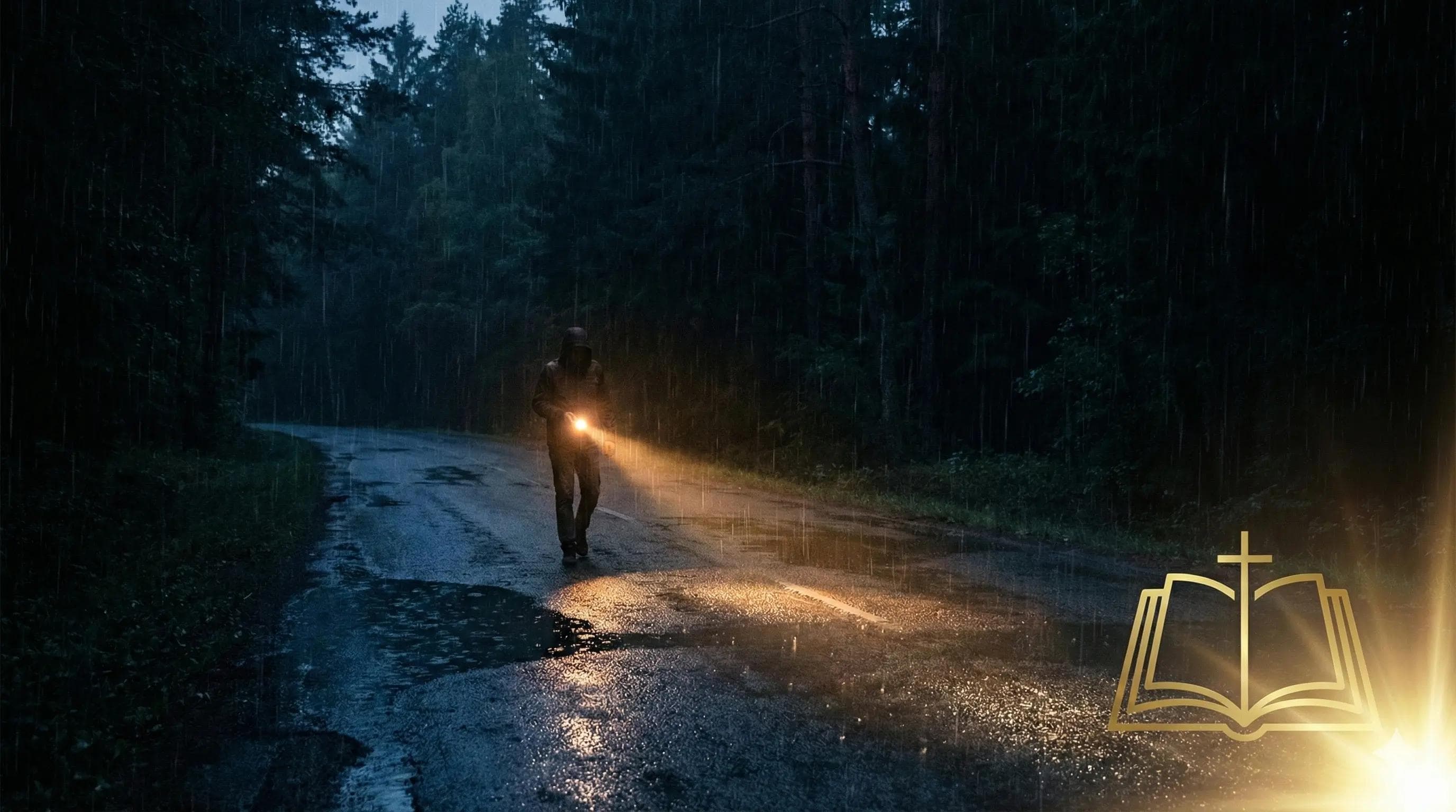 A men walking on dark road with faith as is flashlight