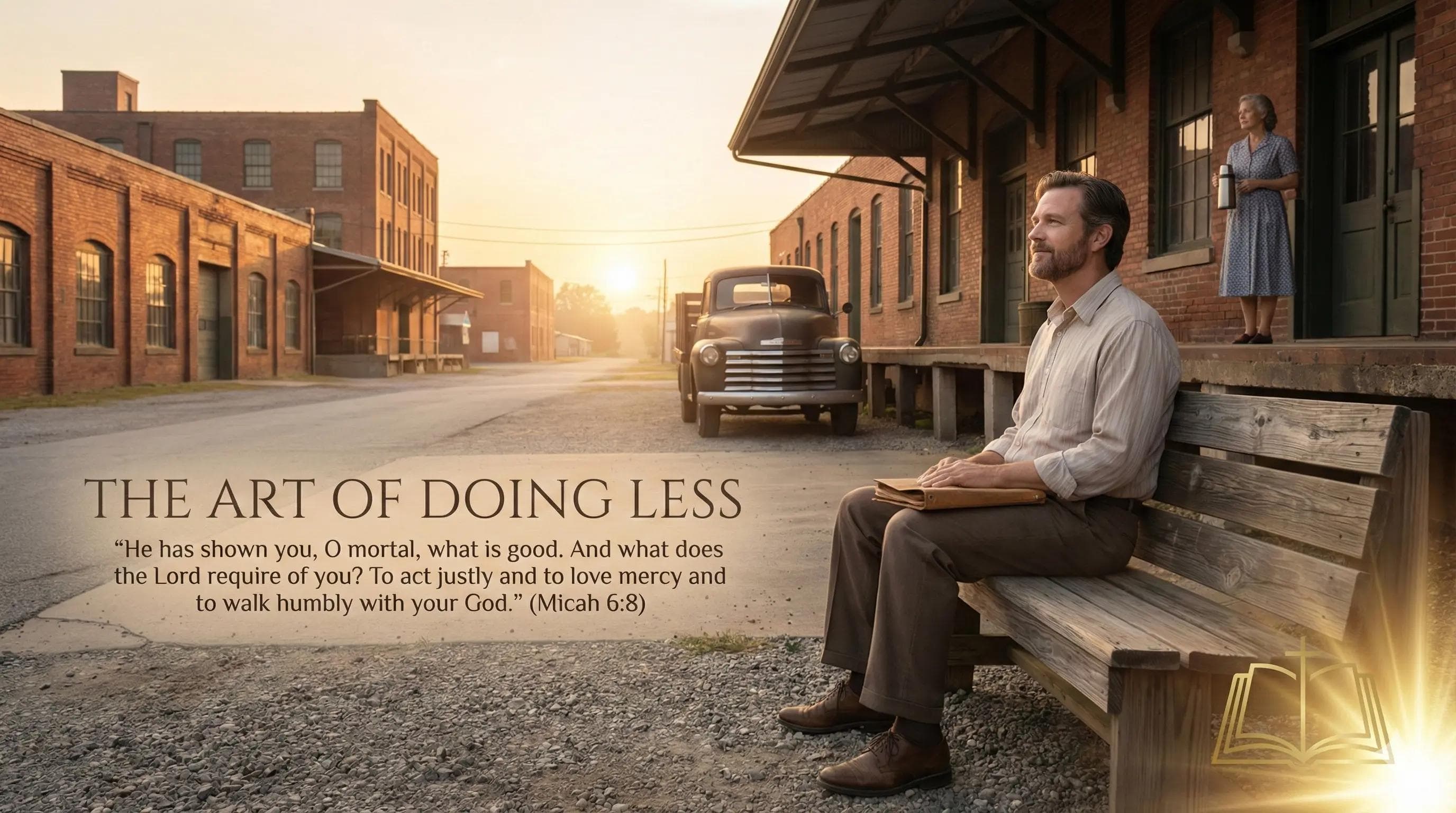 A man sits on a wooden bench in the foreground, holding a folder on his lap and looking relieved and contemplative.