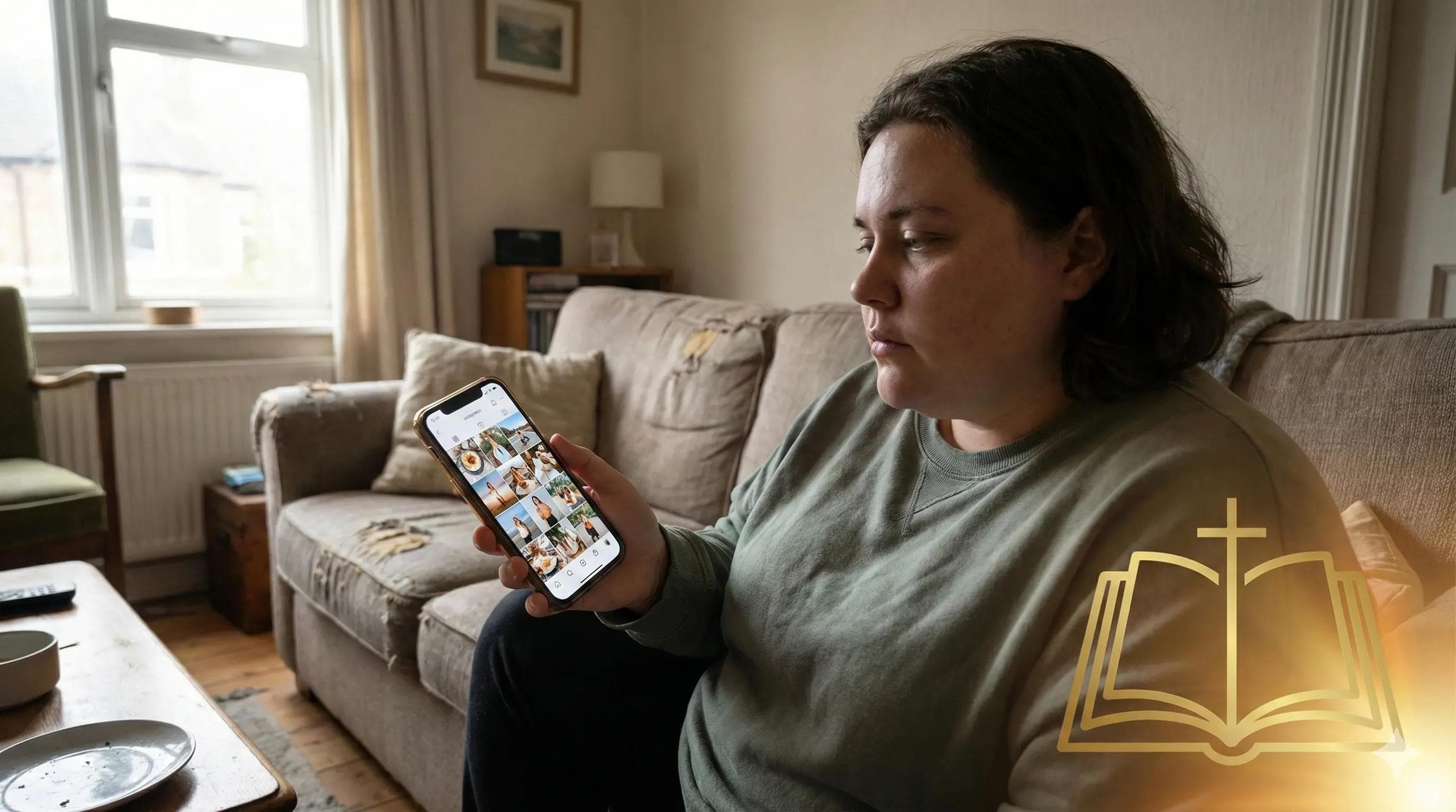 Women scrolling in the living room
