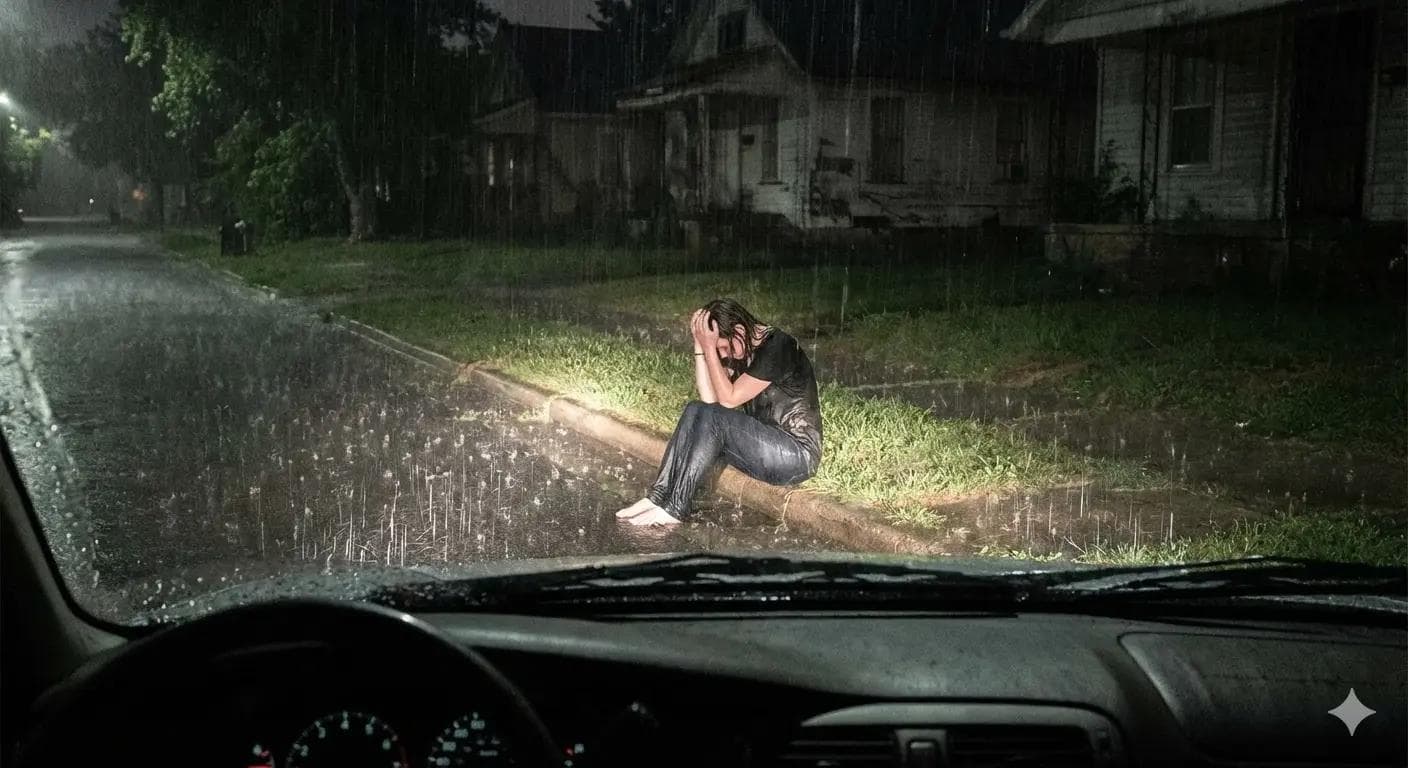 A view from inside a car at night looking through a rain-streaked windshield, where bright headlights illuminate a lone, soaked woman sitting hunched on a street curb in a heavy downpour.