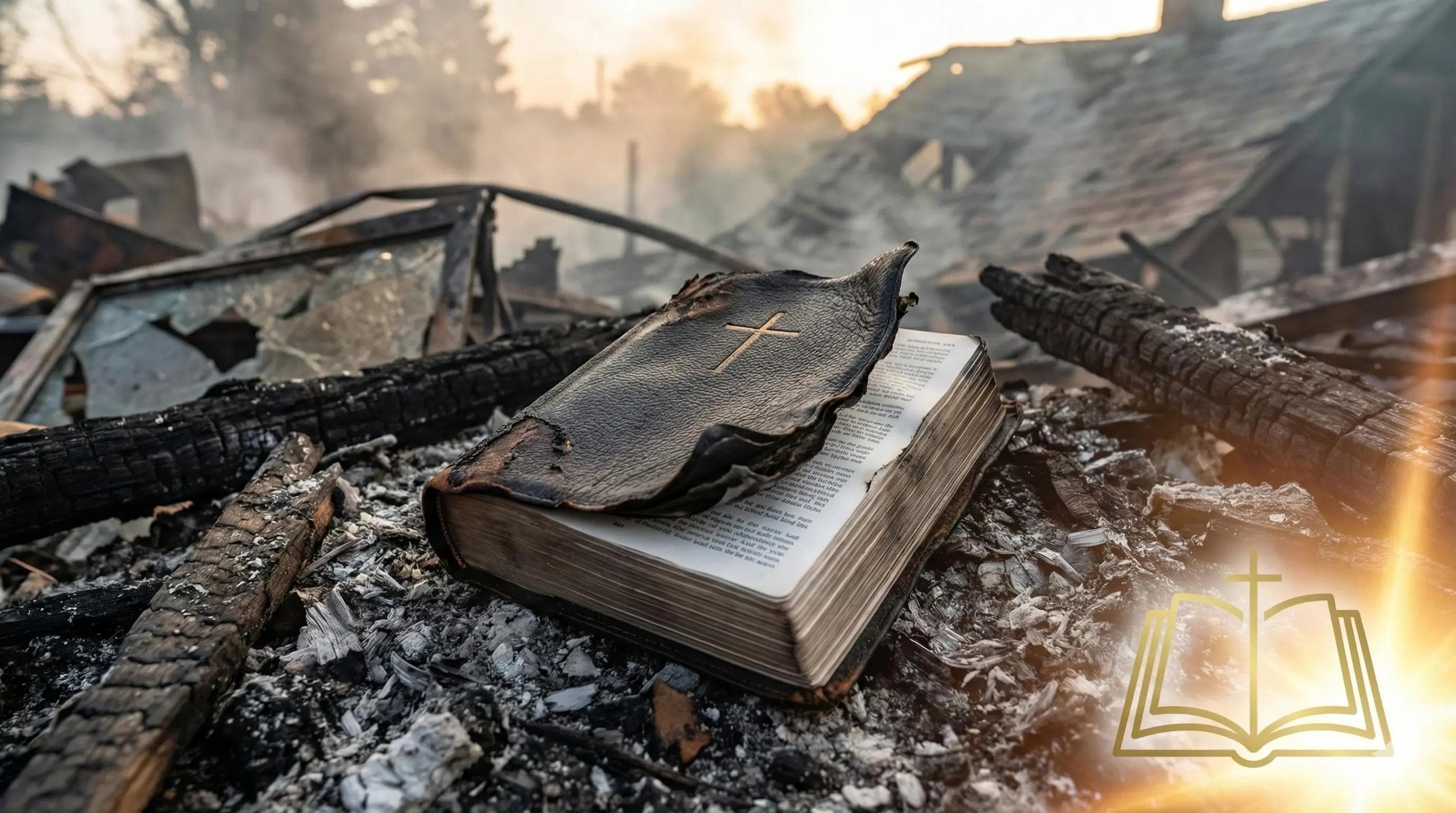 A dramatic and hopeful scene of a charred grandmother's Bible resting on a pile of white ash in the ruins of a burned home. The leather is singed but the pages are bright and intact.