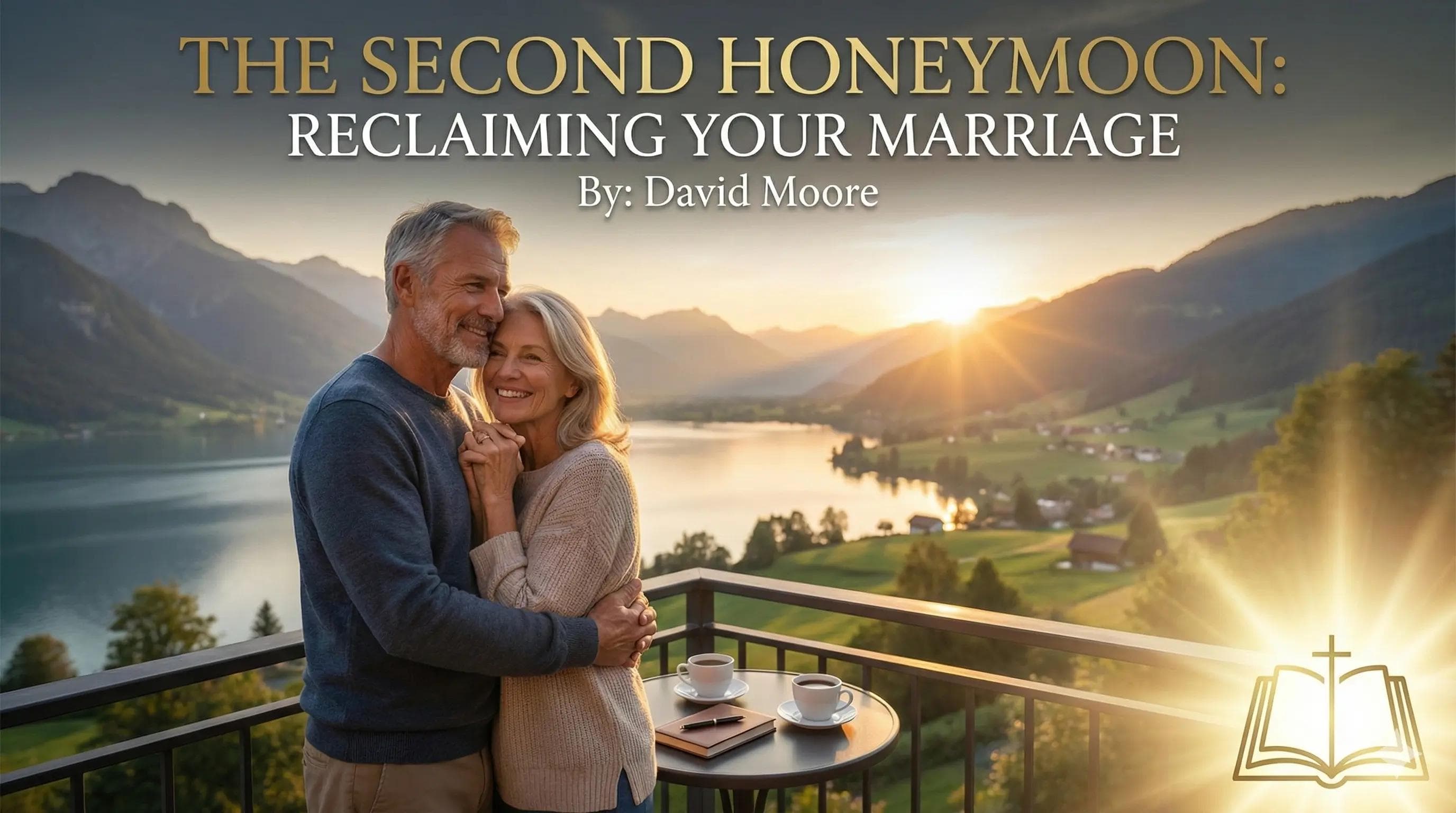 An elderly couple embraces on a balcony overlooking a scenic lake and mountains at sunrise.