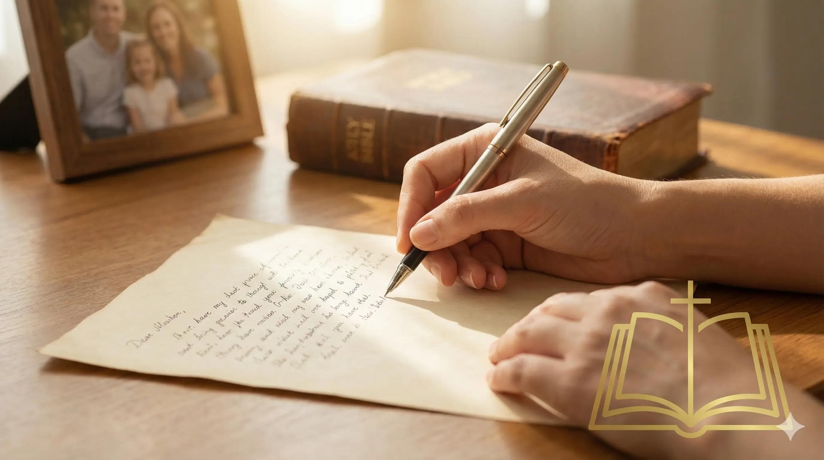 A warm, inviting scene of a handwritten letter resting on a wooden desk next to an open Bible