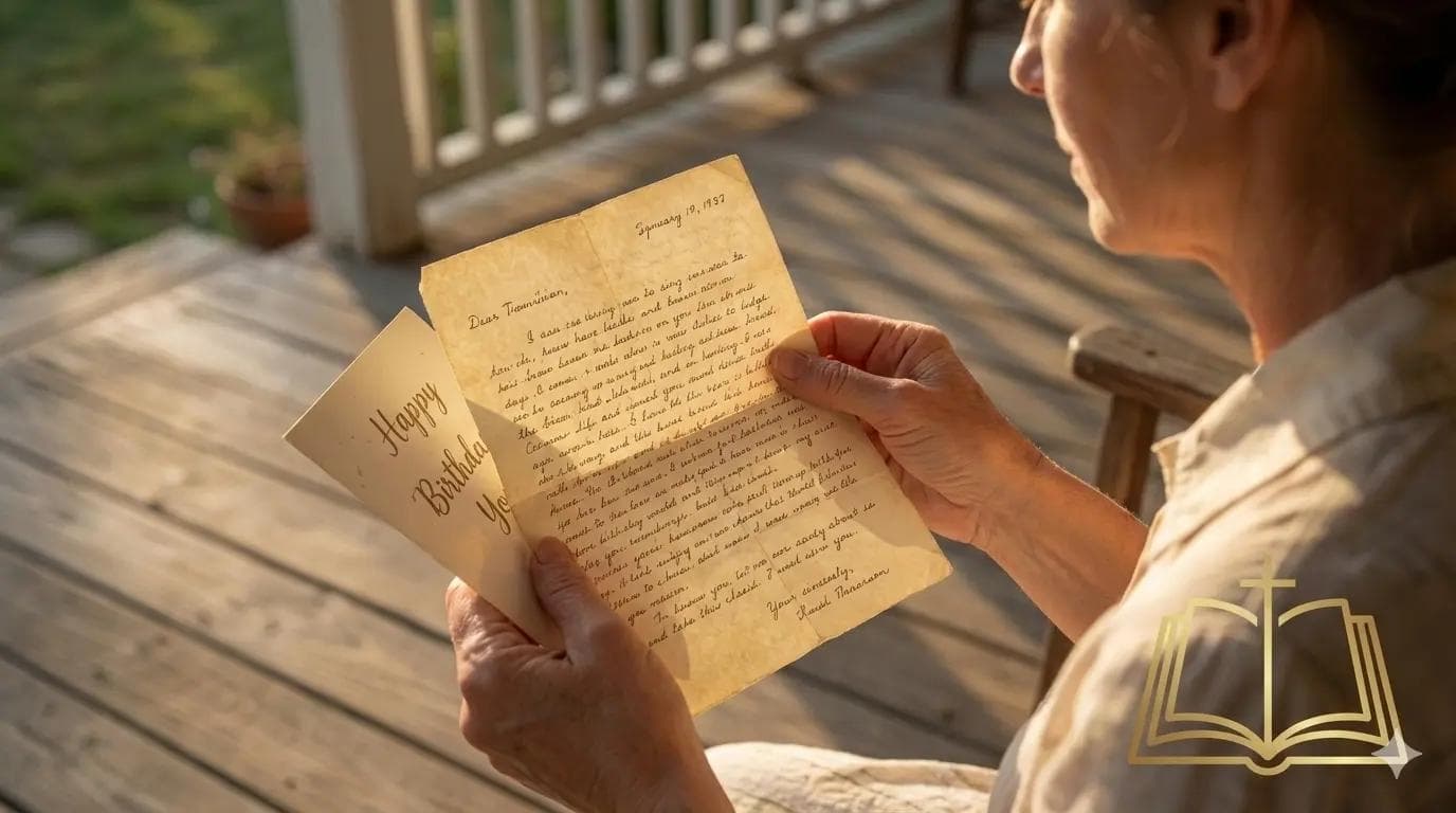 A close-up of an emotional woman holding an old, weathered envelope with tears in her eyes, symbolizing a miraculous message from the past.